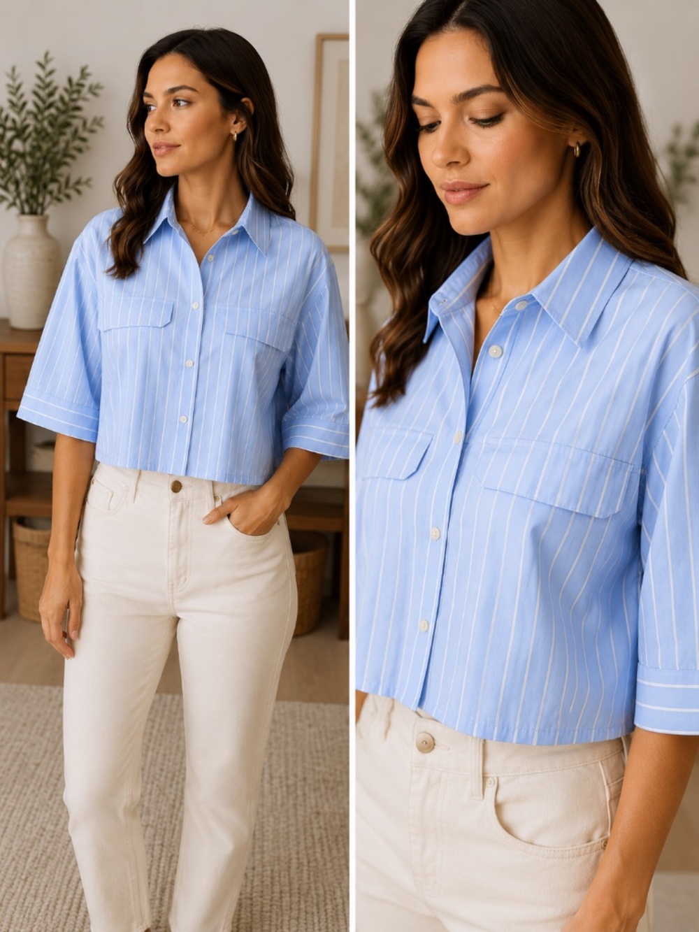 Zara Blue White Stripe Cropped Boxy Cotton Button Front Shirt XS